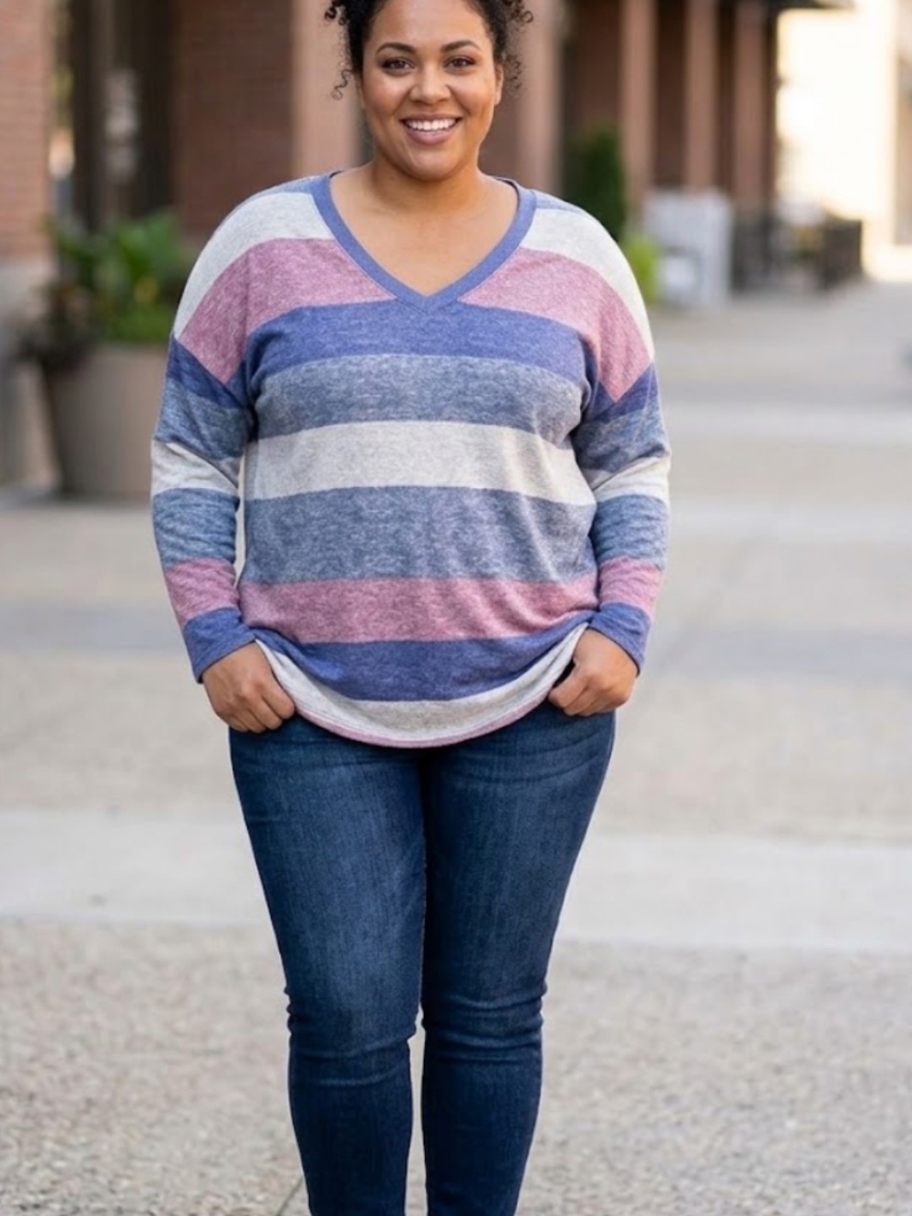 Striped V-Neck Light Sweater in Blue, Pink & Cream- 2X NWT